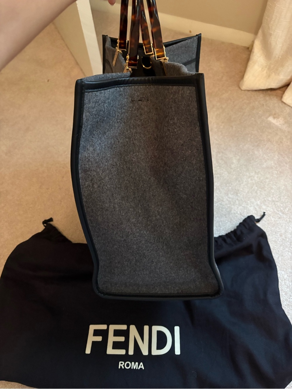 Authentic- Fendi Large Sunshine Shopper Tote Gray Flannel Wool FENDI Logo - Picture 3 of 16